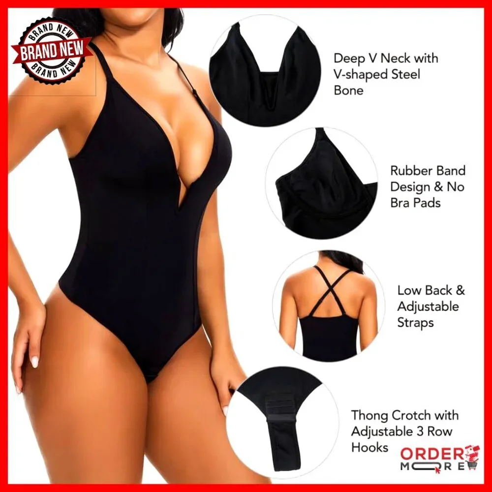 Deep V Neck Shapewear Bodysuit Tummy Control Plunge Backless Cami
